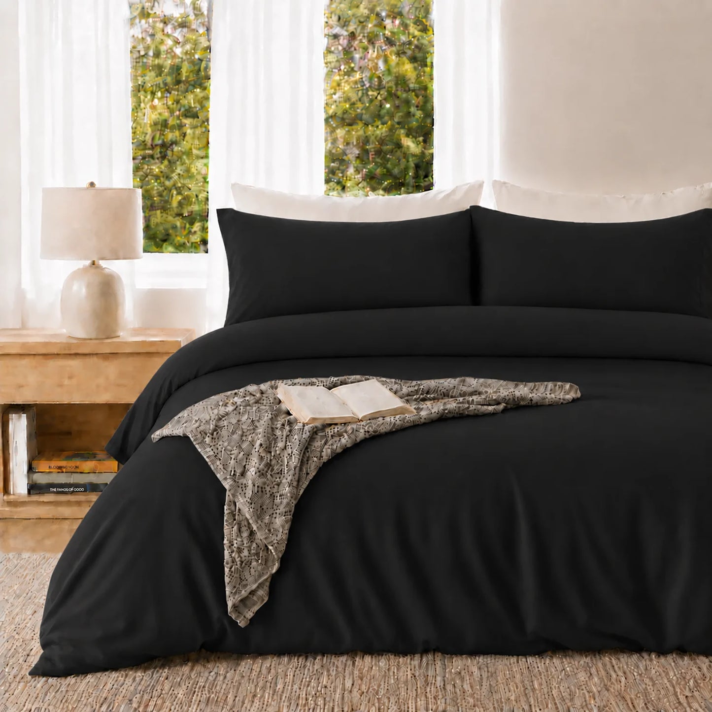 Duvet Cover Set Soft Washed Microfiber Duvet Cover 3 Pieces King Black