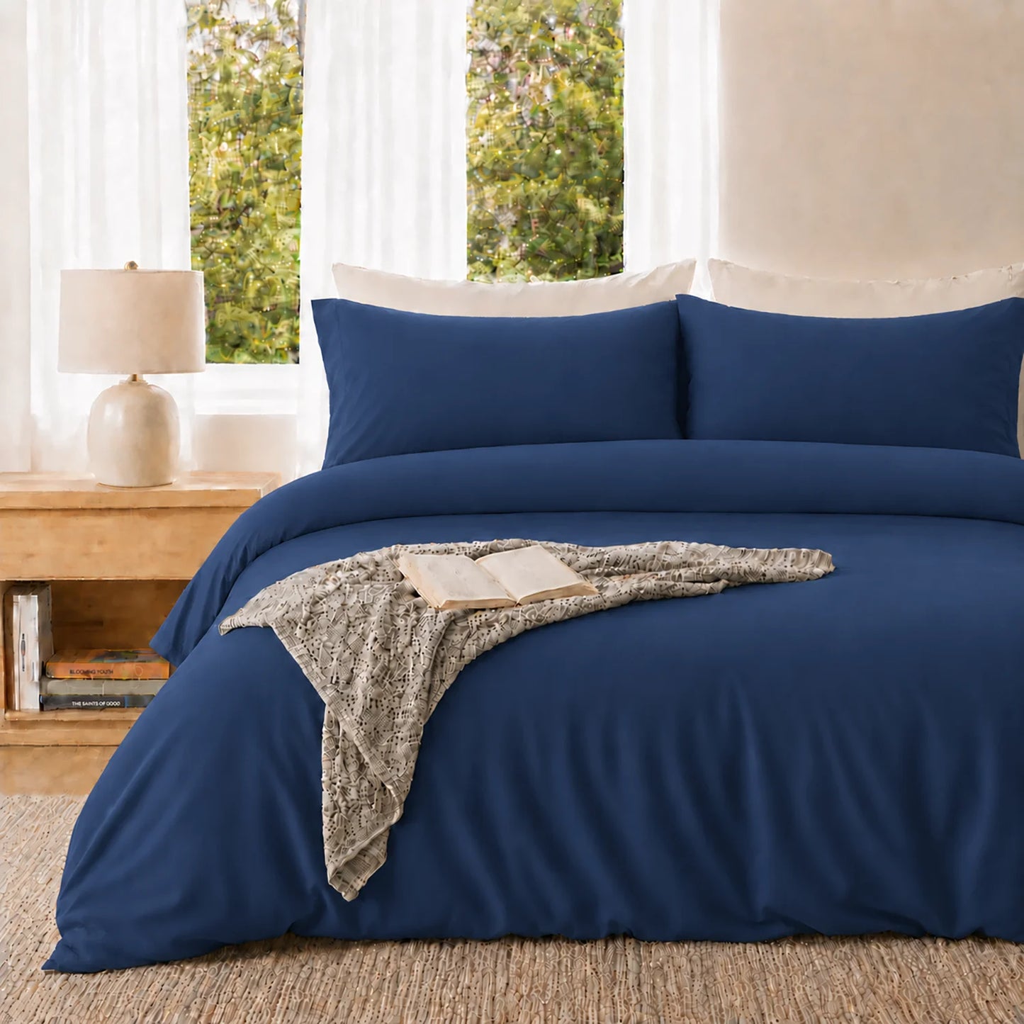 Duvet Cover Set Soft Washed Microfiber Duvet Cover 3 Pieces Queen Navy Blue