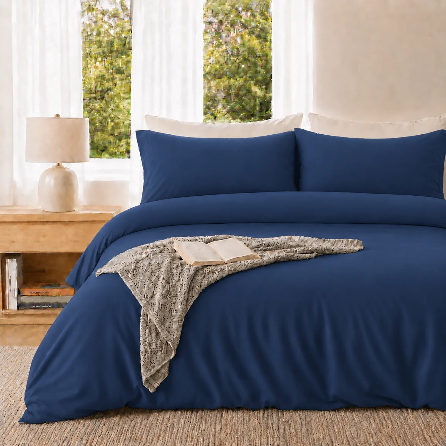 Duvet Cover Set Soft Washed Microfiber Duvet Cover 3 Pieces Queen Navy Blue